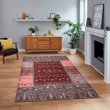 Viyana Home Dijital Baskılı Kaymaz Taban Yıkanabilir Etnik Desen Yolluk Salon Halısı, V-Etnik-16-Bordo,