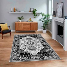 Viyana Home Dijital Baskılı Kaymaz Taban Yıkanabilir Etnik Desen Yolluk Salon Halısı, V-Etnik-07-Gri,