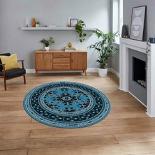 Viyana Home Dijital Kaymaz Taban Yıkanabilir Yuvarlak Etnik Desen Mutfak Salon Halısı, V-Y-Etnik-04-Mavi,