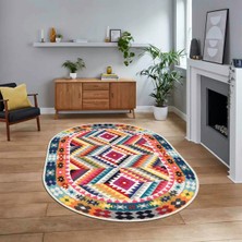 Viyana Home Dijital Baskılı Kaymaz Taban Yıkanabilir Oval Etnik Desen Yolluk Salon Halısı, V-O-Etnik-09-Renkli,