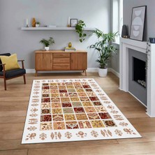 Viyana Home Dijital Baskılı Kaymaz Taban Yıkanabilir Etnik Desen Yolluk Salon Halısı, V-Etnik-18-Beyaz,