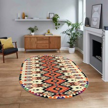 Viyana Home Dijital Baskılı Kaymaz Taban Yıkanabilir Oval Etnik Desen Yolluk Salon Halısı, V-O-Etnik-06-Renkli,