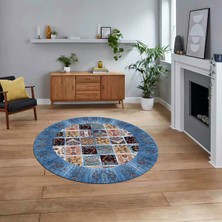 Viyana Home Dijital Kaymaz Taban Yıkanabilir Yuvarlak Etnik Desen Mutfak Salon Halısı, V-Y-Etnik-18-Mavi,