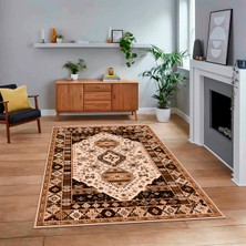 Viyana Home Dijital Baskılı Kaymaz Taban Yıkanabilir Etnik Desen Yolluk Salon Halısı, V-Etnik-07-Kahve,