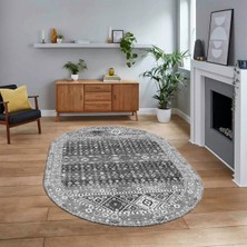 Viyana Home Dijital Baskılı Kaymaz Taban Yıkanabilir Oval Etnik Desen Yolluk Salon Halısı, V-O-Etnik-17-Gri,