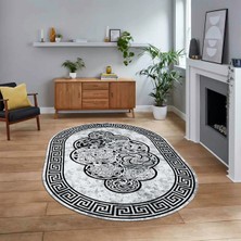 Viyana Home Dijital Kaymaz Taban Yıkanabilir Oval Çerçeveli Mutfak Salon Halısı, V-O-Çerçeveli-04-Siyah,