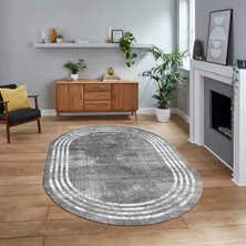 Viyana Home Dijital Kaymaz Taban Yıkanabilir Oval Çerçeveli Mutfak Salon Halısı, V-O-Çerçeveli-32-Gri,