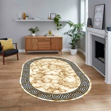 Viyana Home Dijital Kaymaz Taban Yıkanabilir Oval Çerçeveli Mutfak Salon Halısı, V-O-Çerçeveli-17-Bej,