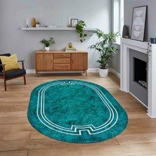 Viyana Home Dijital Kaymaz Taban Yıkanabilir Oval Çerçeveli Mutfak Salon Halısı, V-O-Çerçeveli-50-Turkuaz,