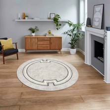 Viyana Home Dijital Kaymaz Taban Yıkanabilir Yuvarlak Çerçeveli Mutfak Salon Halısı, V-Y-Çerçeveli-50-Krem,