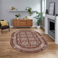 Viyana Home Dijital Kaymaz Taban Yıkanabilir Oval Çerçeveli Mutfak Salon Halısı, V-O-Çerçeveli-26-Kahve,