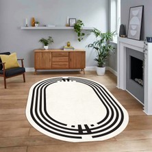 Viyana Home Dijital Kaymaz Taban Yıkanabilir Oval Çerçeveli Mutfak Salon Halısı, V-O-Çerçeveli-44-Krem-,