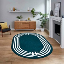 Viyana Home Dijital Kaymaz Taban Yıkanabilir Oval Çerçeveli Mutfak Salon Halısı, V-O-Çerçeveli-44-Turkuaz,