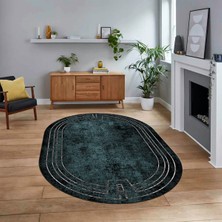 Viyana Home Dijital Kaymaz Taban Yıkanabilir Oval Çerçeveli Mutfak Salon Halısı, V-O-Çerçeveli-43-Mavi,