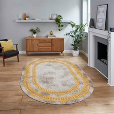 Viyana Home Dijital Kaymaz Taban Yıkanabilir Oval Çerçeveli Mutfak Salon Halısı, V-O-Çerçeveli-05-Gold,