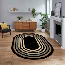 Viyana Home Dijital Kaymaz Taban Yıkanabilir Oval Çerçeveli Mutfak Salon Halısı, V-O-Çerçeveli-41-Siyah,