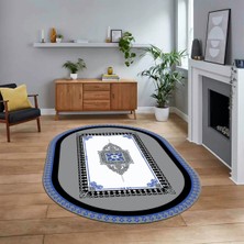 Viyana Home Dijital Kaymaz Taban Yıkanabilir Oval Çerçeveli Mutfak Salon Halısı, V-O-Çerçeveli-23-Mavi,