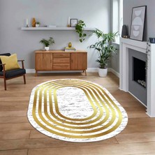 Viyana Home Dijital Kaymaz Taban Yıkanabilir Oval Çerçeveli Mutfak Salon Halısı, V-O-Çerçeveli-41-Gold,