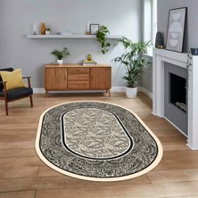 Viyana Home Dijital Kaymaz Taban Yıkanabilir Oval Çerçeveli Mutfak Salon Halısı, V-O-Çerçeveli-37-Krem,