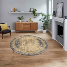 Viyana Home Dijital Kaymaz Taban Yıkanabilir Yuvarlak Çerçeveli Mutfak Salon Halısı, V-Y-Çerçeveli-14-Krem,