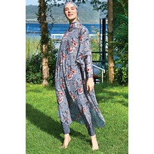 Ruko Mayo Gri Çiçek Desenli Esnek Tül Kumaş Pareo