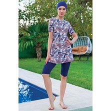 Ruko Mayo Mirates Büyük Beden Lacivert Çiçek Desenli Yarım Kol Micro(Çabuk Kuruyan)Kumaş Yarı Tesettür Mayo