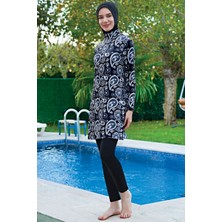 Ruko Mayo Mirates Büyük Beden Siyah  Desenli  Micro (Çabuk Kuruyan) Kumaş Tesettür Mayo
