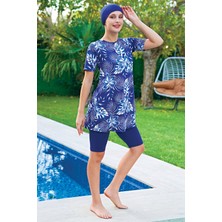 Ruko Mayo Mirates Büyük Beden Lacivert Desenli Yarım Kol Micro(Çabuk Kuruyan)Kumaş Yarı Tesettür Mayo