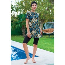 Ruko Mayo Mirates Büyük Beden Siyah Çiçek Desenli Yarım Kol Micro(Çabuk Kuruyan)Kumaş Yarı Tesettür Mayo