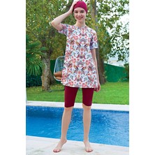 Ruko Mayo Mirates  Bordo Desenli Yarım Kol Micro(Çabuk Kuruyan)Kumaş Yarı Tesettür Mayo