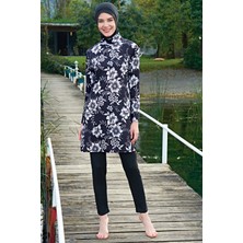 Ruko Mayo Mirates Siyah Beyaz Çiçek Desenli  Micro (Çabuk Kuruyan) Kumaş Tesettür Mayo