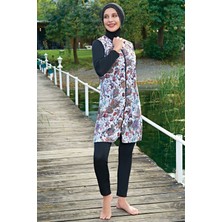 Ruko Mayo Mirates Siyah Çiçek Desenli Fermuarlı Paraşüt(Çabuk Kuruyan) Kumaş Tesettür Mayo