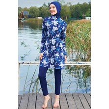 Ruko Mayo Mirates Lacivert Çiçek Desenli  Micro(Çabuk Kuruyan)Kumaş Tesettür Mayo