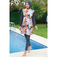 Ruko Mayo Mirates Gri Çiçek Desenli  Micro(Çabuk Kuruyan)Kumaş Tesettür Mayo