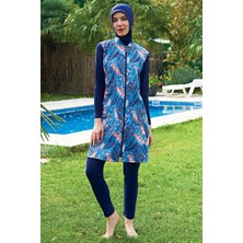 Ruko Mayo Büyük Beden Mavi Desenli Lycra Paraşüt(Su Itici ve Çabuk Kuruyan)Kumaş Tesettür Mayo