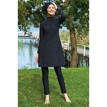 Ruko Mayo Büyük Beden Siyah Puantiye Desenli Lycra(Su Itici ve Çabuk Kuruyan)Kumaş Tesettür Mayo