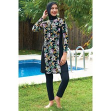 Ruko Mayo Siyah Çiçek Desenli Büyük Beden Lycra (Su Itici ve Çabuk Kuruyan)Kumaş Tesettür Mayo