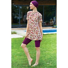 Ruko Mayo Bordo Çiçek Desenli Yarım Kol Lycra(Su Itici ve Çabuk Kuruyan) Kumaş Yarı Tesettür Mayo