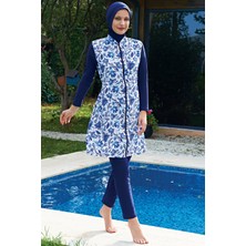 Ruko Mayo Lacivert Desenli  Fermuarlı Lycra Paraşüt(Su Itici ve Çabuk Kuruyan)Kumaş Tesettür Mayo