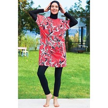 Ruko Mayo Kırmızı Oversize  Desenli Lycra(Su Itici ve Çabuk Kuruyan)Kumaş Tesettür Mayo