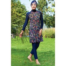 Ruko Mayo Lacivert Desenli Reglan Kol Lycra(Su Itici ve Çabuk Kuruyan)Kumaş Tesettür Mayo