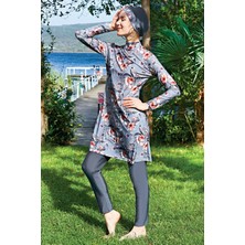 Ruko Mayo Gri Çiçek Desenli Lycra ( Su Itici ve Çabuk Kuruyan ) Kumaş Tesettür Mayo