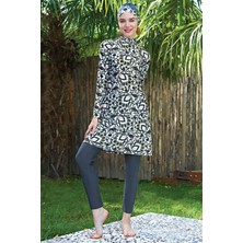 Ruko Mayo Yeşil Beyaz Yaprak Desenli Lycra ( Su Itici ve Çabuk Kuruyan ) Kumaş Tesettür Mayo