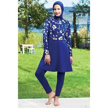 Ruko Mayo Lacivert Desenli Fermuarlı Reglan Kol Lycra(Su Itici ve Çabuk Kuruyan)Kumaş Tesettür Mayo