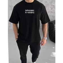 Tarz Yeri Bisiklet Yaka Baskılı Oversize T-Shirt - Siyah -