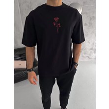 Velmora Fashion Bisiklet Yaka Baskılı Oversize T-Shirt - Siyah -