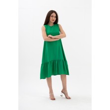 Vpr Moda Kristal Keten Kolsuz Kadın Salaş Elbise - Yeşil