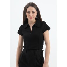 Vapur Tekstil Yakalı Kısa Kol Yarım Fermuarlı Tshirt - Siyah