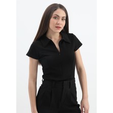 Vapur Tekstil Yakalı Kısa Kol Yarım Fermuarlı Tshirt - Siyah