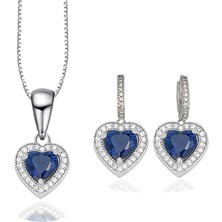 Brezza Lusso Diamond  Model Lusso Elegant Sapphire Heart Kadın Kolye Küpe Seti